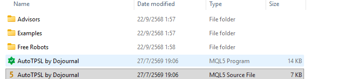 Experts folder showing AutoTPSL by Dojournal and the source file