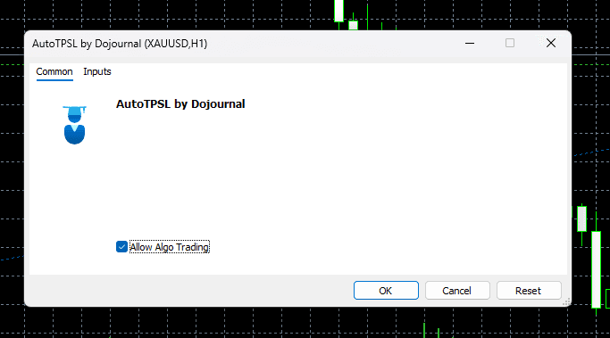 AutoTPSL by Dojournal settings window after attaching the EA to a chart, with Allow Algo Trading enabled