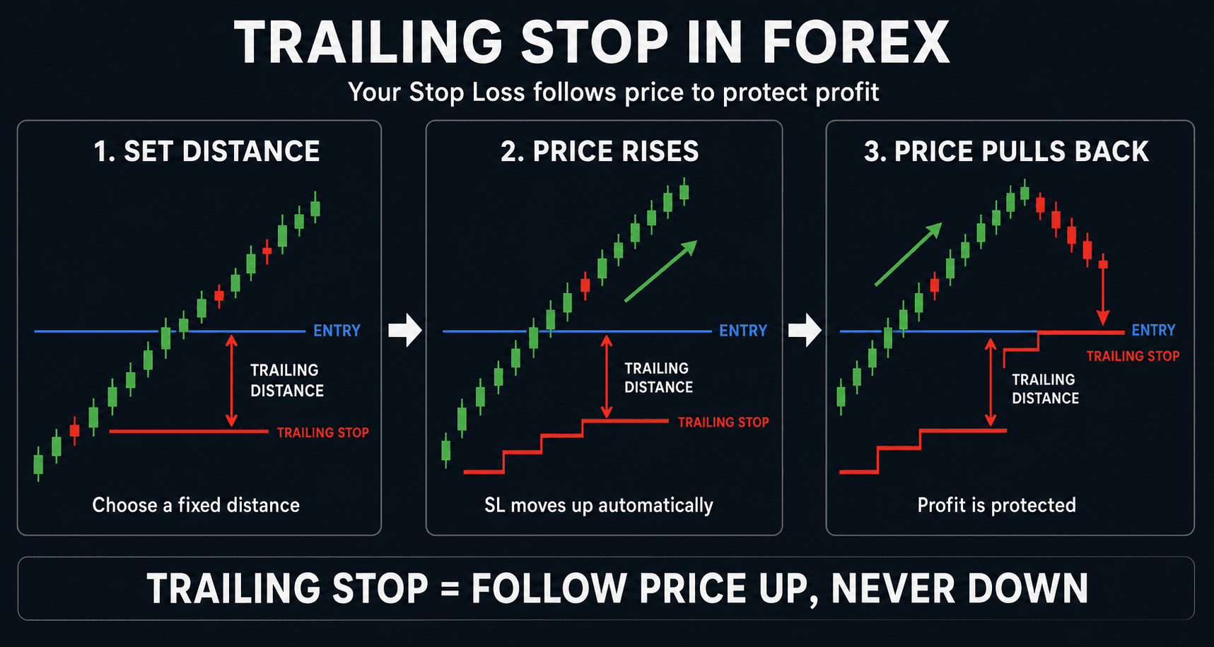 Trailing Stop infographic showing the distance setting, how Stop Loss follows price, and what happens during a pullback