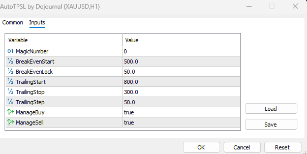 AutoTPSL by Dojournal Inputs window showing break-even, trailing Stop Loss, and Buy/Sell management settings