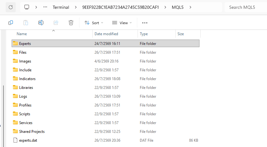 MT5 Data Folder showing the Experts and Indicators folders