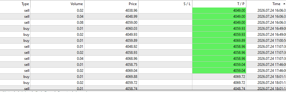 Table of Buy and Sell orders with price levels and Take Profit from the EA