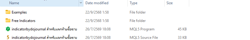 MT5 folder showing the Indicator .ex5 and .mq5 files