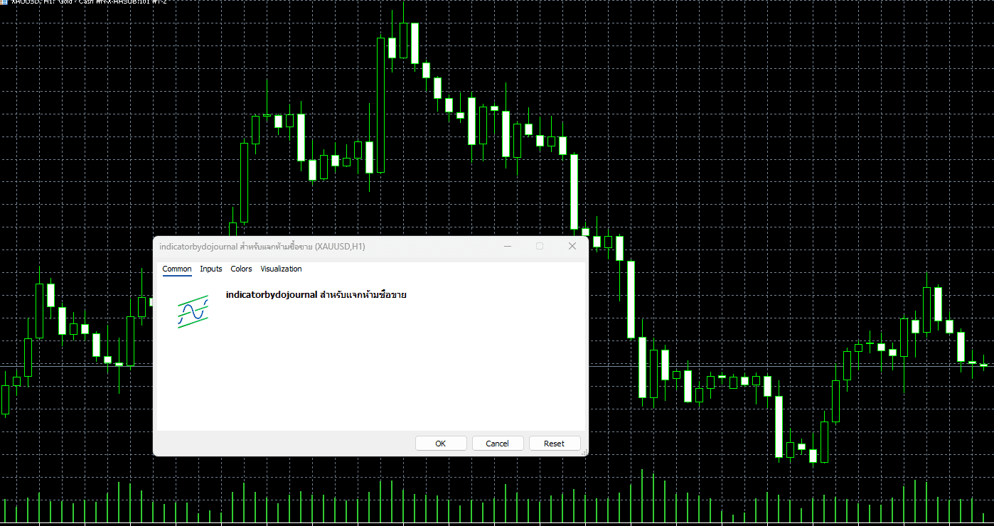MT5 window after dragging the Indicator onto a chart, showing the indicator name